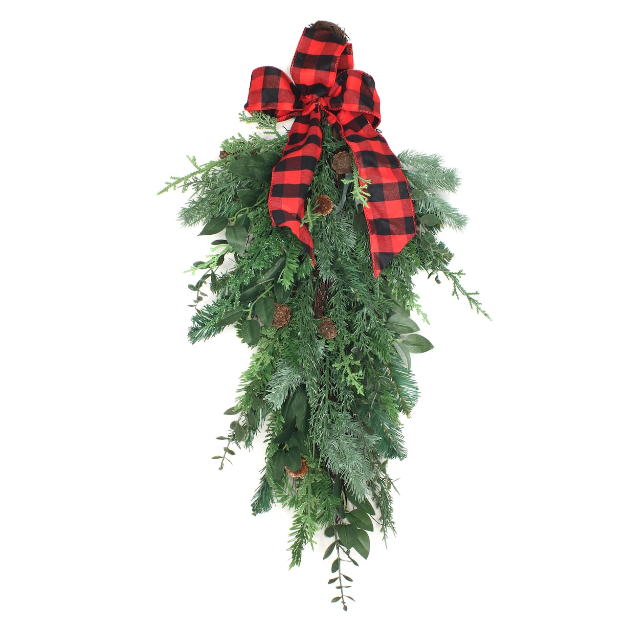 30" Mixed Pine, Leaves & Pinecone Teardrop Swag with Red Buffalo Check Bow